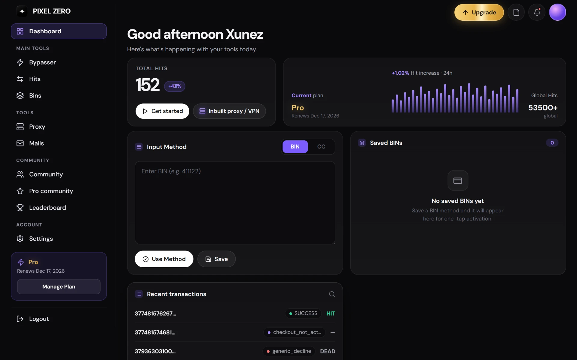 Pixel Zero extension dashboard showing hits, gateways and recent transactions